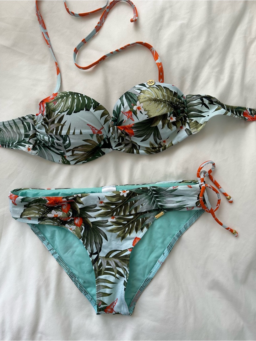 Bananamoon Mint Tropical Leaf Bikini with Orange Accents